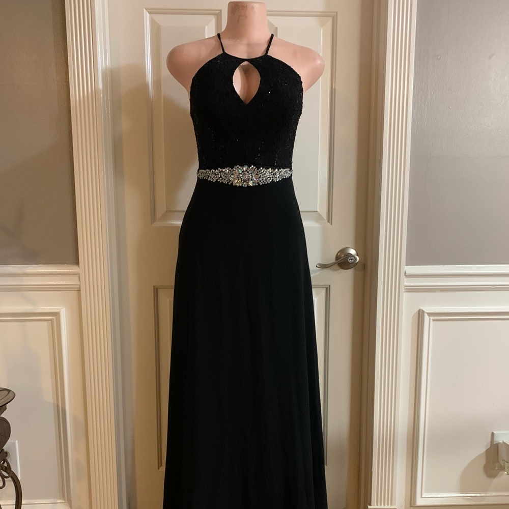 Women junior black halter lace top maxi dress size (S) sleeveless zipper back